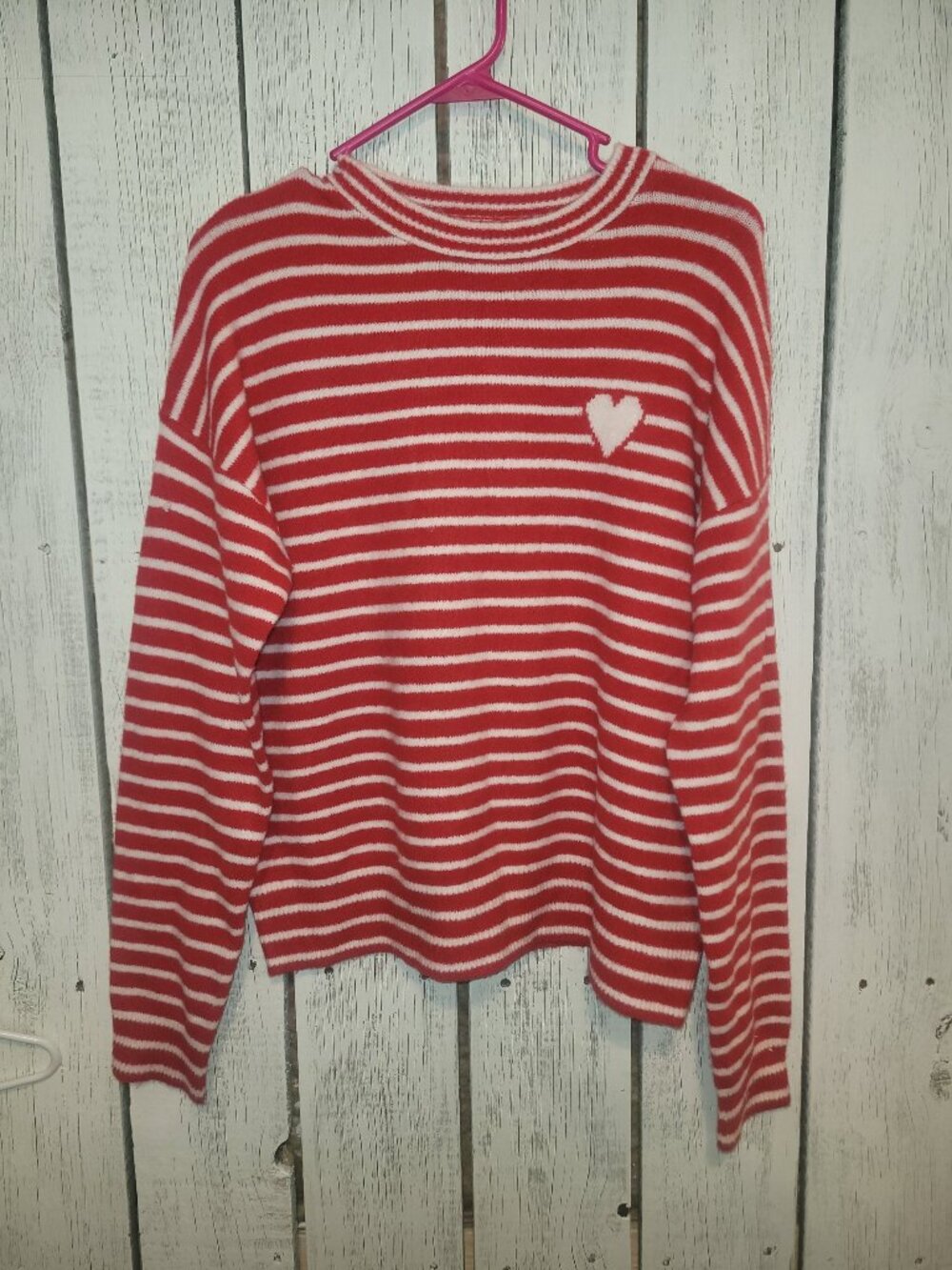 Red and White Striped Sweater with Heart Detail